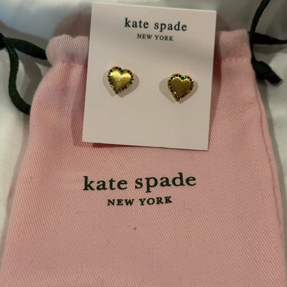 kate spade Gold Heart Stud Earrings with Multicolor Gems NWT - Picture 2 of 3